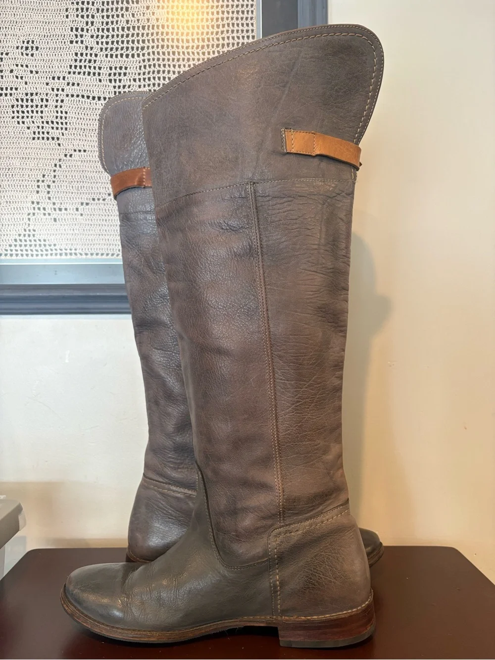 FRYE Paige Cuff Tall Over The Knee Boots Slate Grey Leather Boho Indie Western